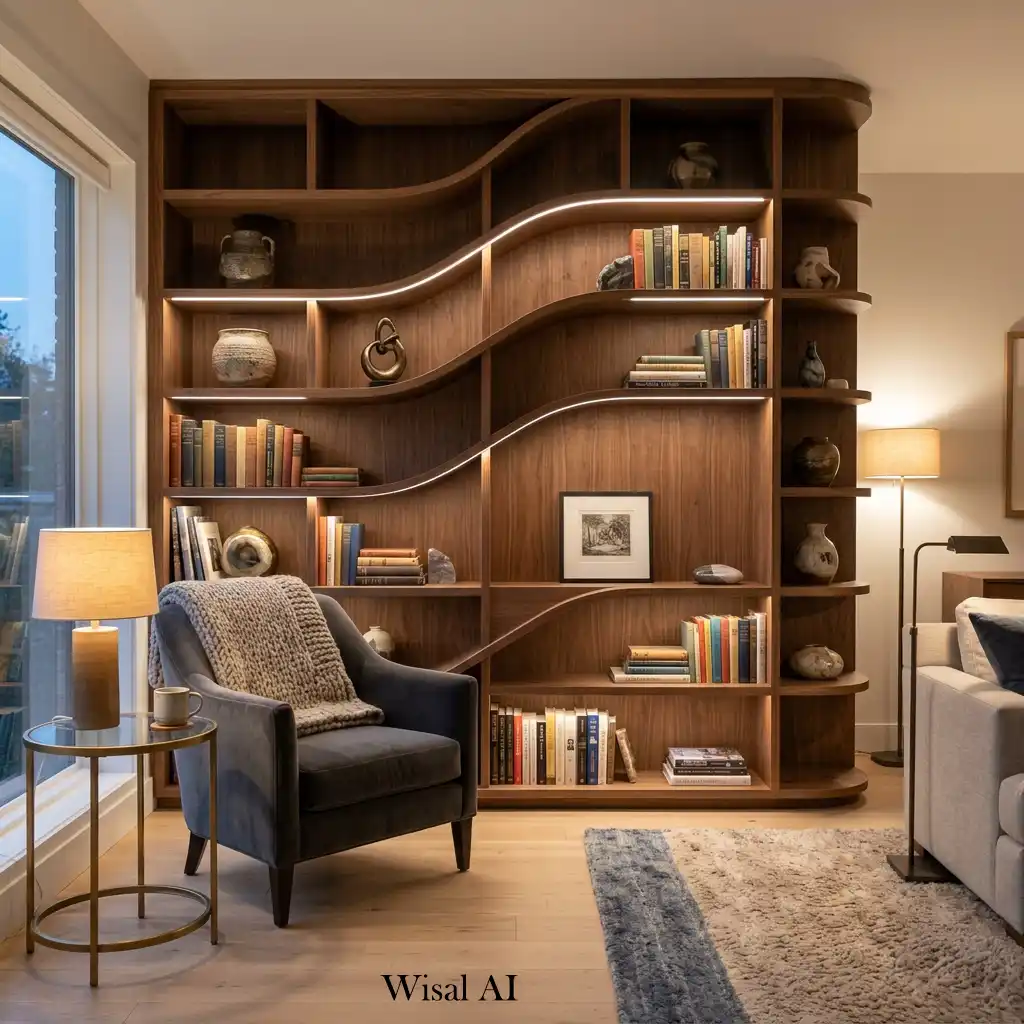 Sculptural wooden bookcase displaying books and minimalist décor.