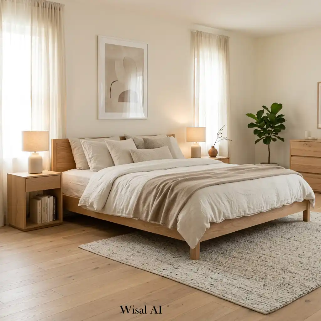 White oak platform bed styled with luxury linen bedding and neutral décor.