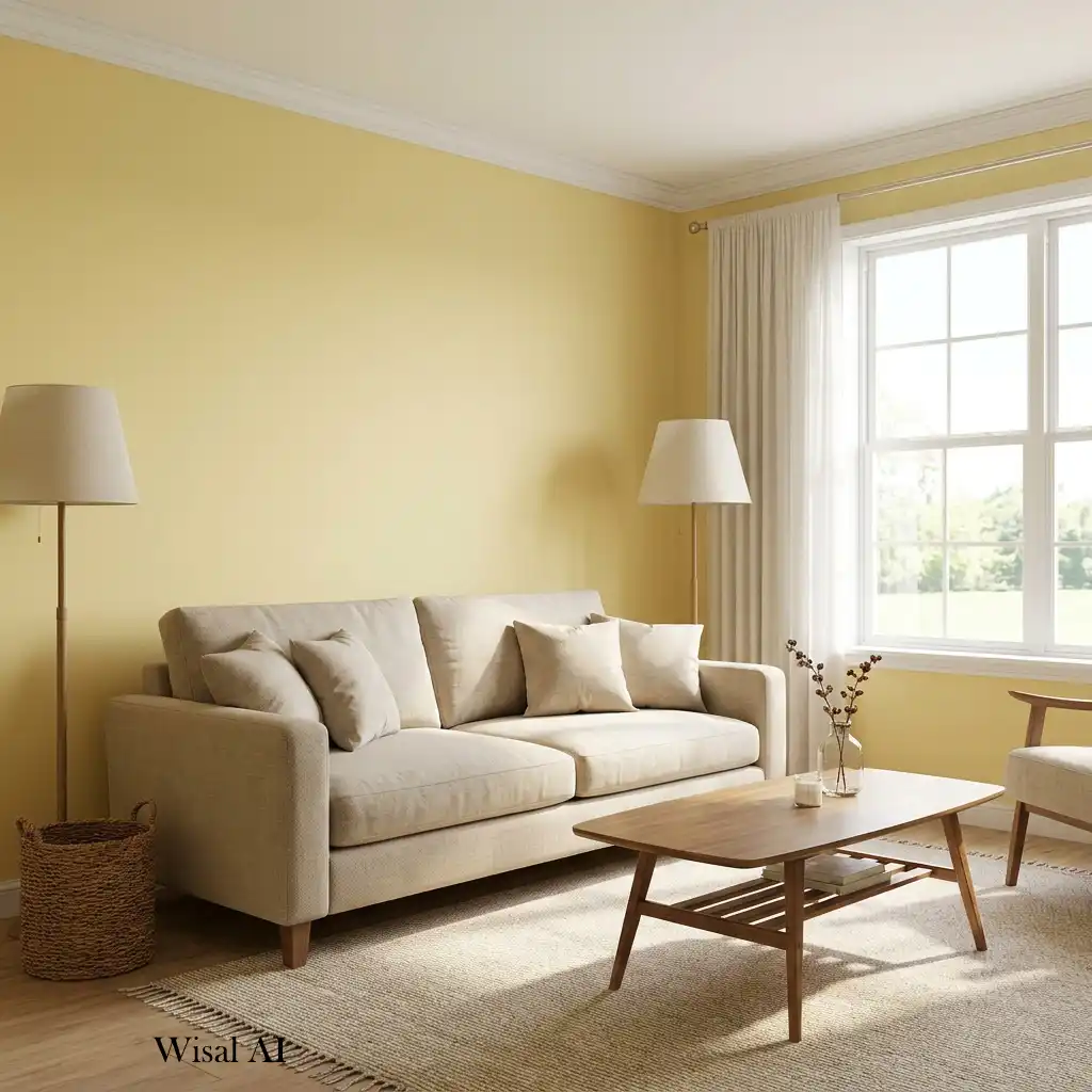 Elegant butter yellow living room with brushed brass lighting fixtures.