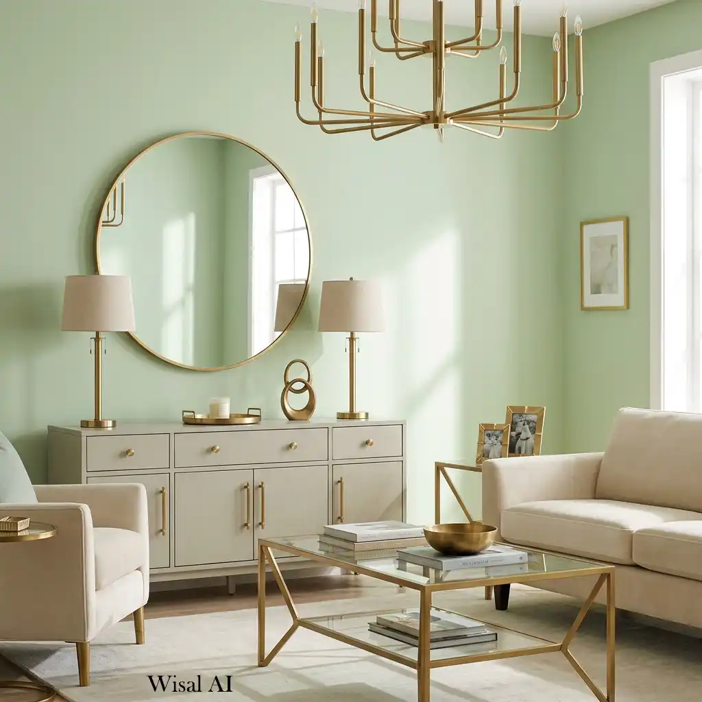 Modern pistachio green living room with brushed brass lighting accents.