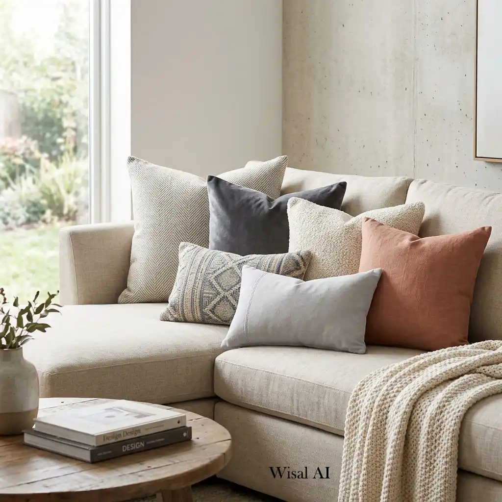 Modern sofa styled with textured throw pillows in neutral tones.