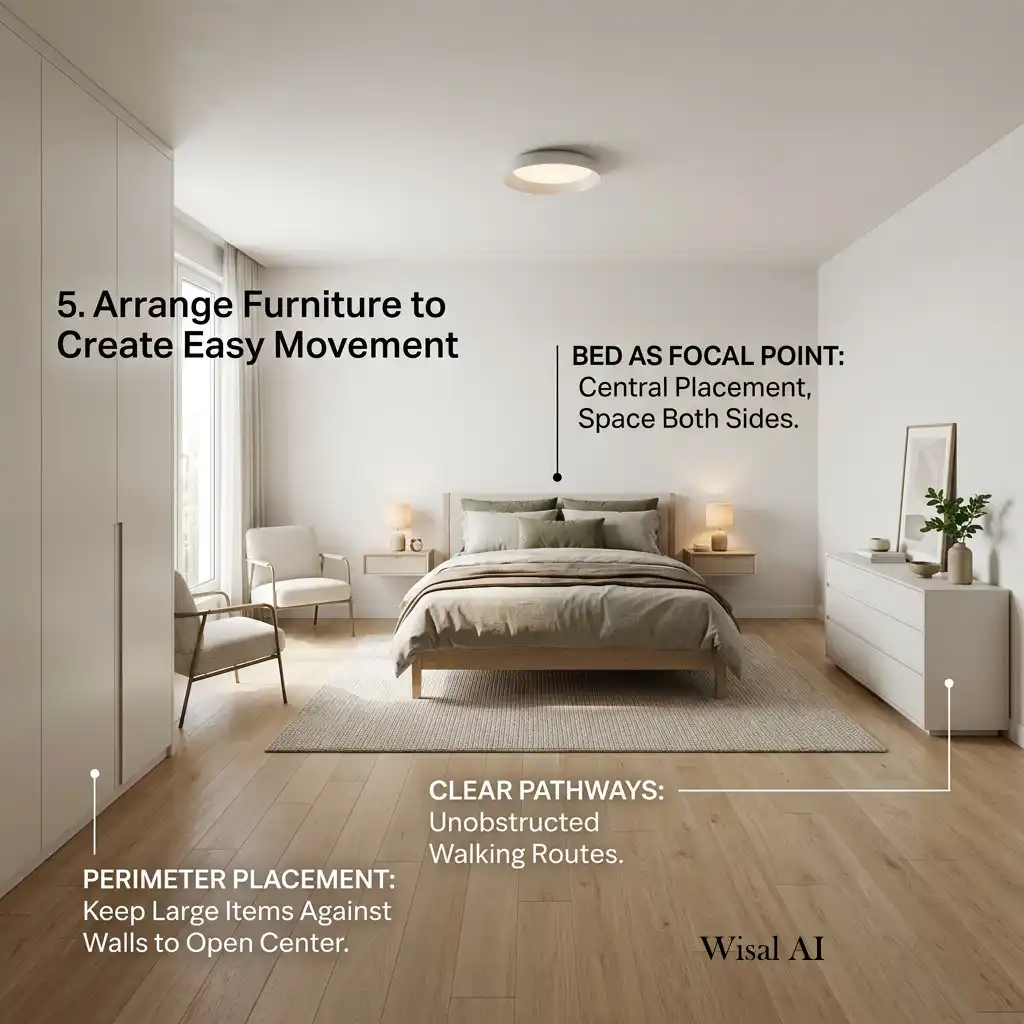 Spacious bedroom layout with balanced furniture placement and clear walking paths for everyday comfort.
