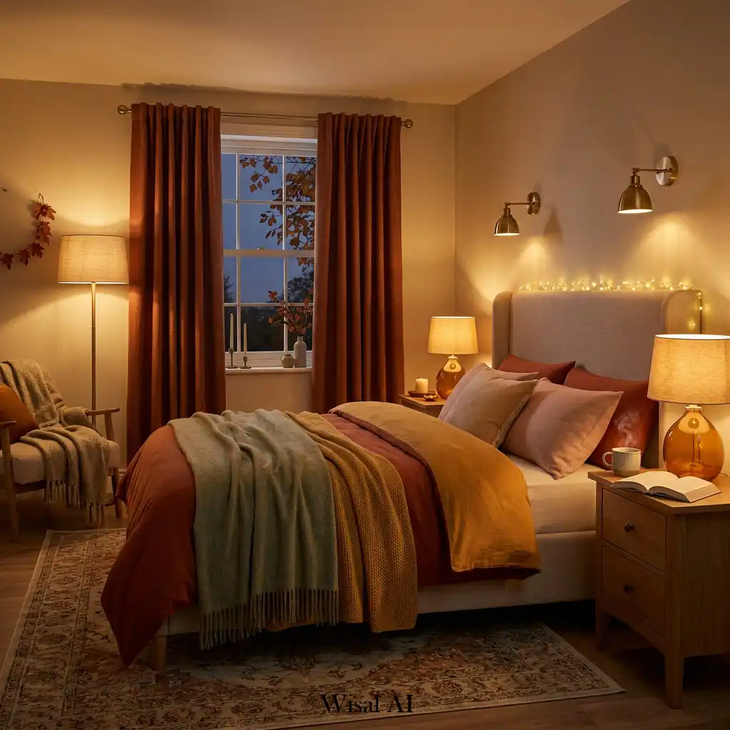 Autumn bedroom illuminated by soft ambient lighting and warm tones.