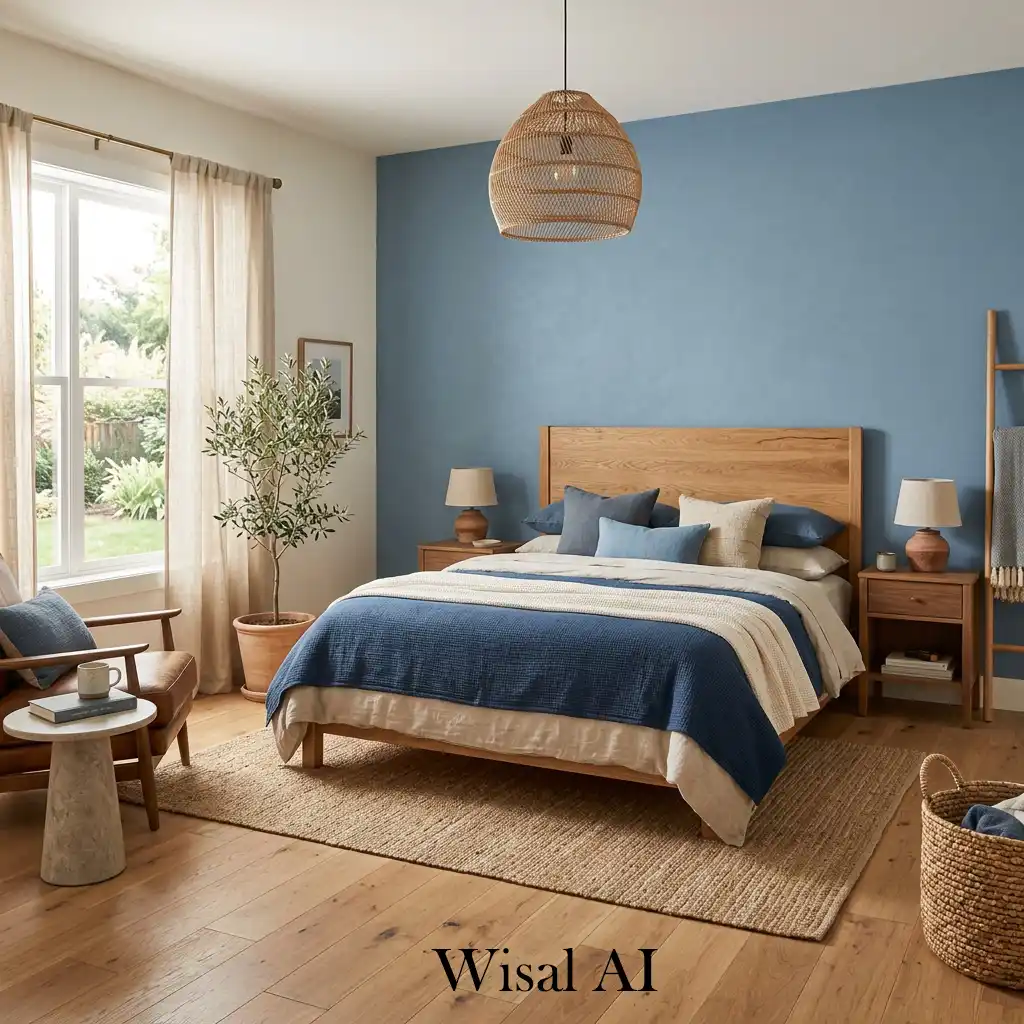 Blue bedroom with wooden furniture and natural warm balance