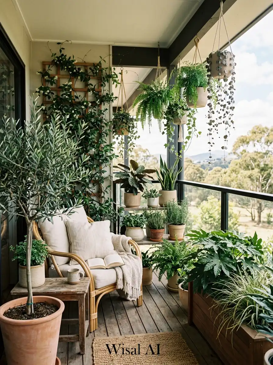 Relaxing balcony with layered plants and natural greenery creating a peaceful outdoor retreat.