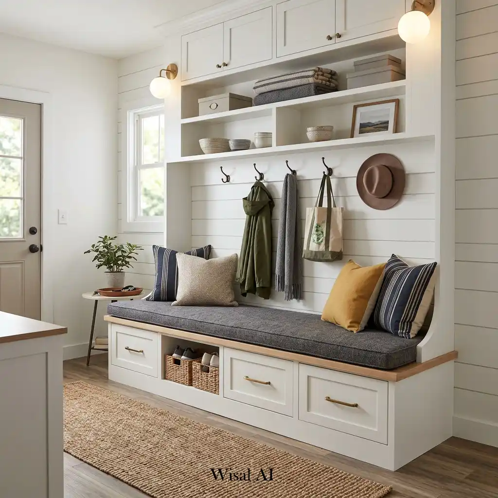 Mudroom with built-in bench seating, storage compartments, and wall hooks