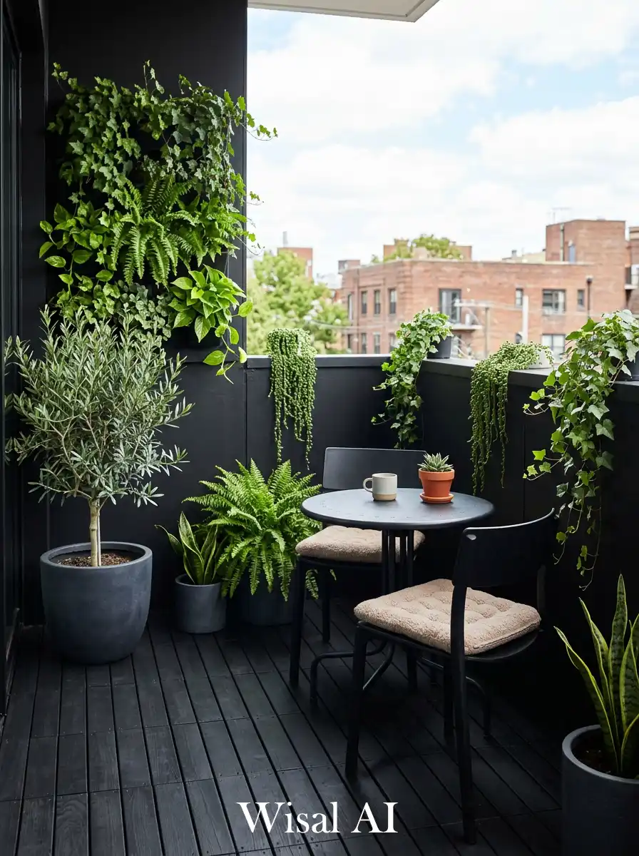 Elegant black balcony featuring lush green plants creating strong natural contrast and modern outdoor aesthetic.