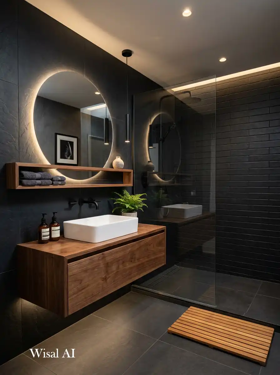 Modern black bathroom featuring wooden vanity adding warmth to a dark luxury interior.