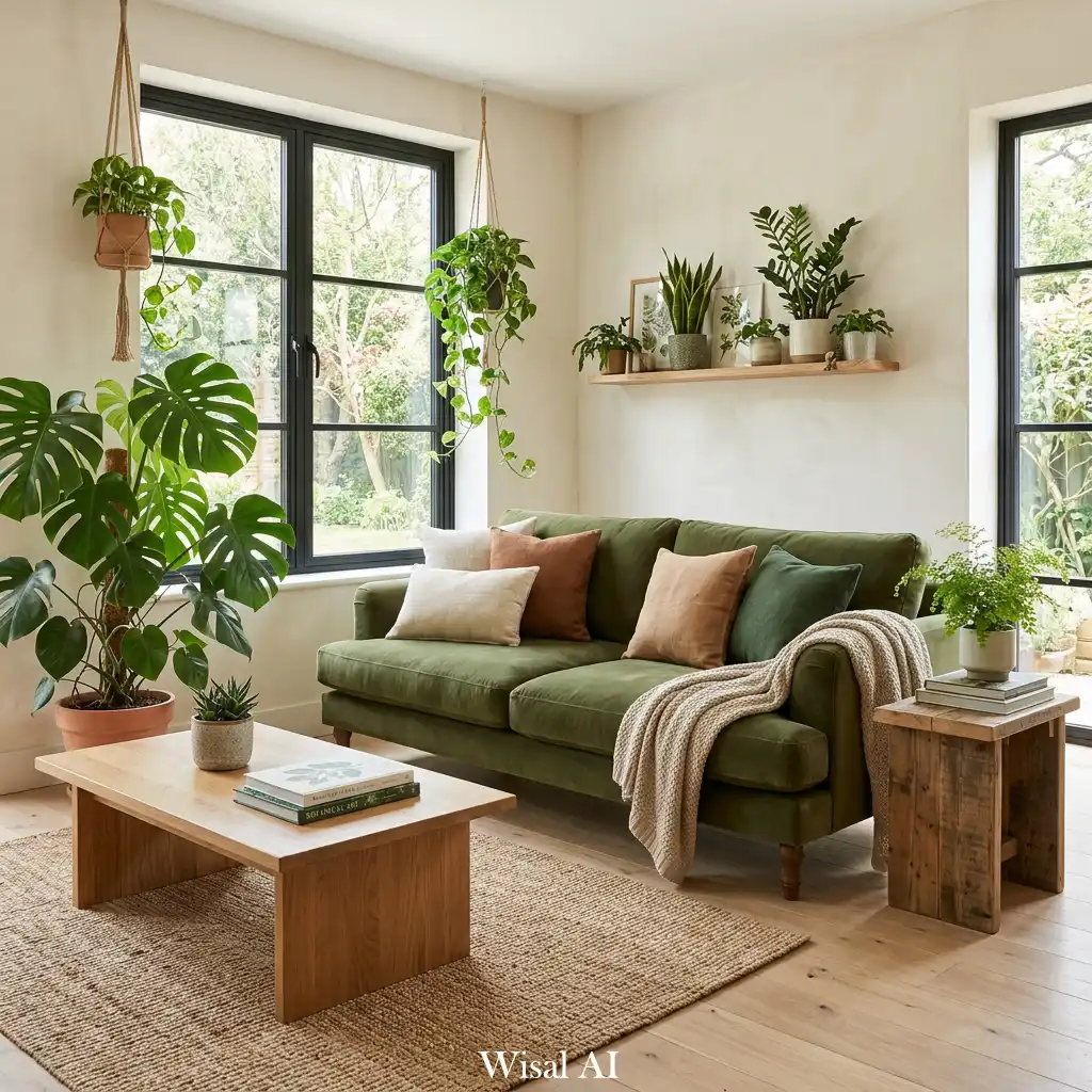 Botanical inspired living room with olive green sofa, indoor plants, and natural sunlight atmosphere