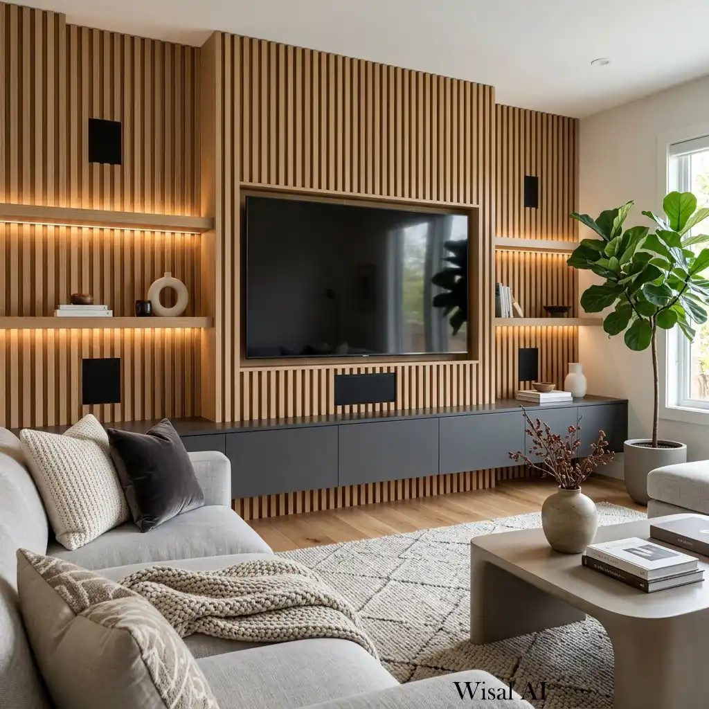 Modern TV wall featuring vertical wood slat panels and floating cabinetry.