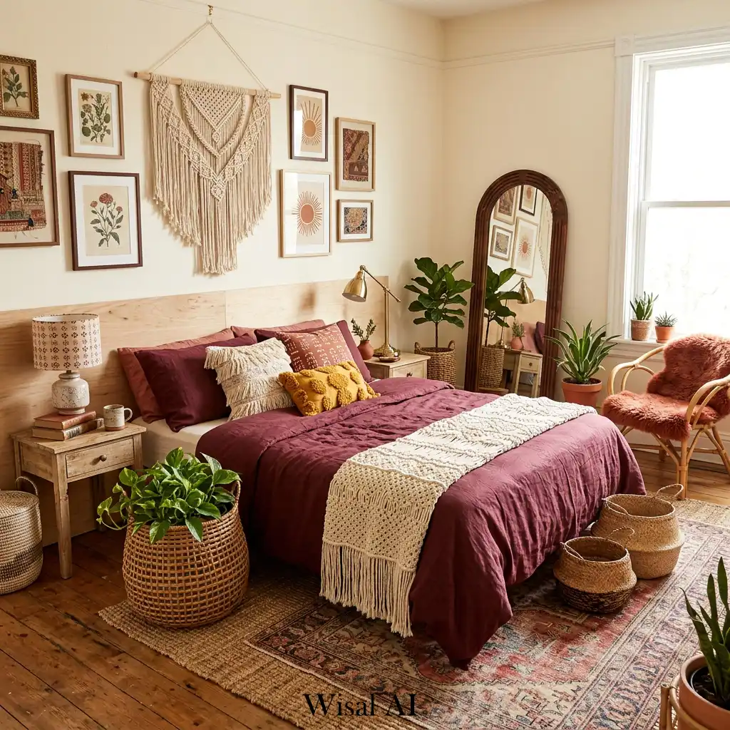 Bohemian burgundy bedroom with layered textures and natural materials