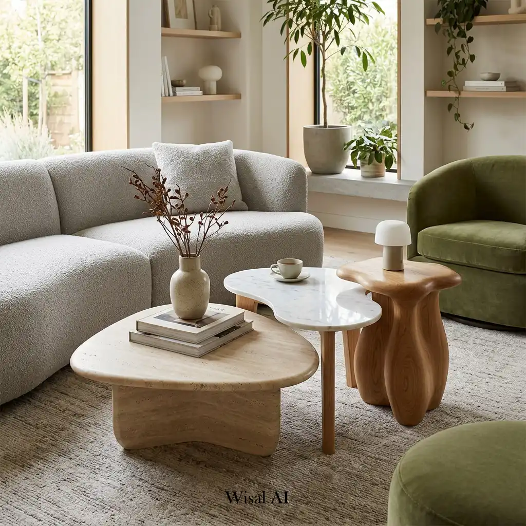 Organic-shaped side tables styled with modern curved living room furniture.
