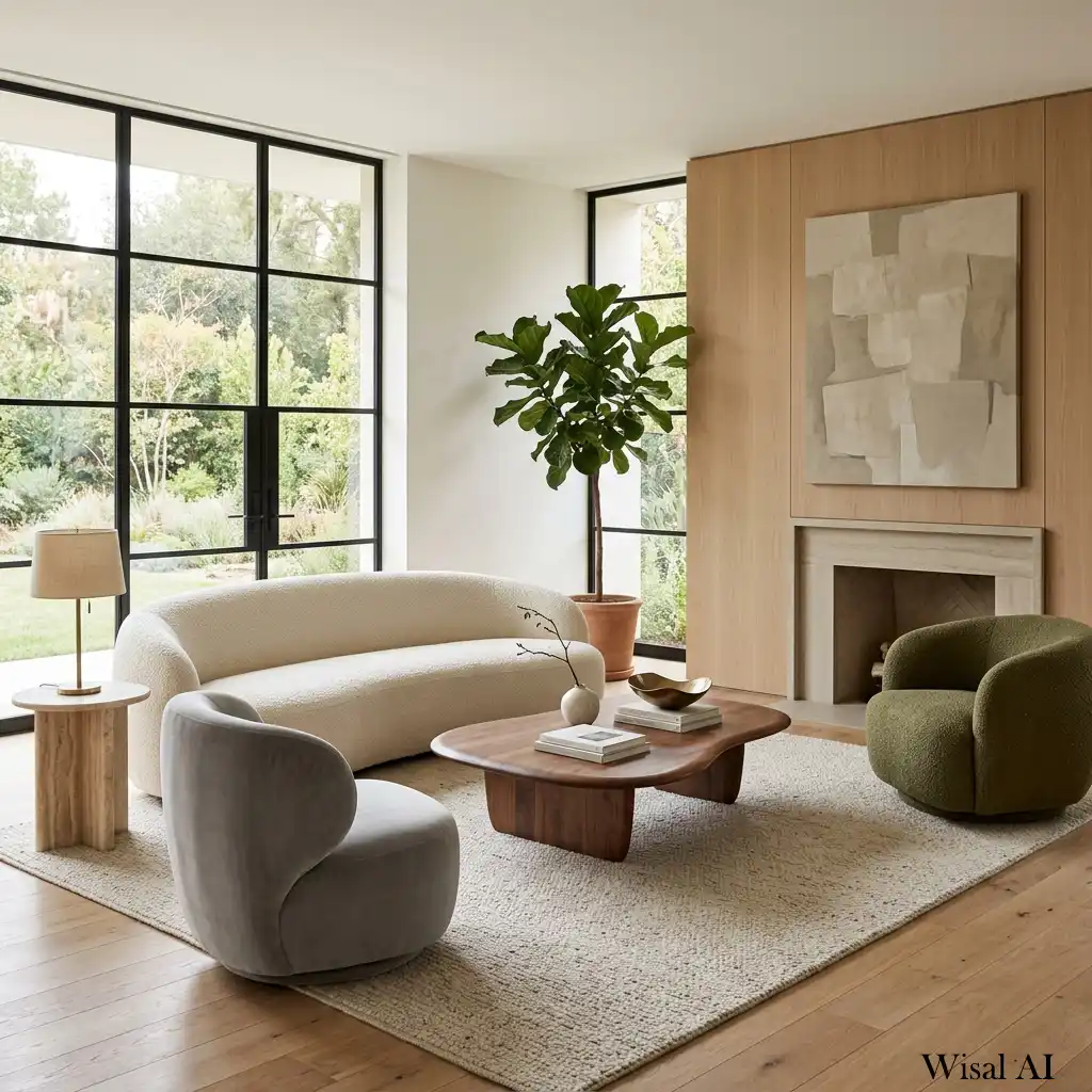 Curved sculptural sofa paired with a minimalist marble coffee table.