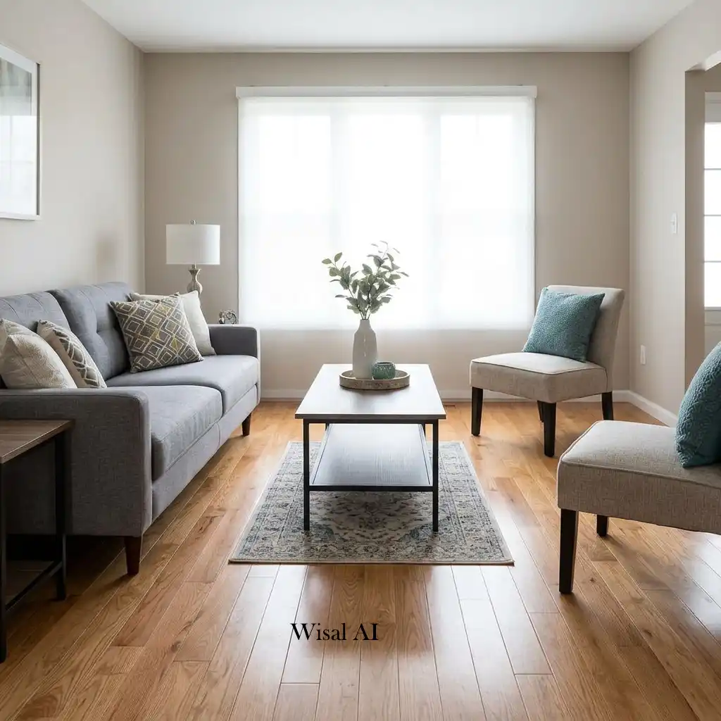 Contemporary living room featuring the ideal rug size beneath sofas and coffee table.