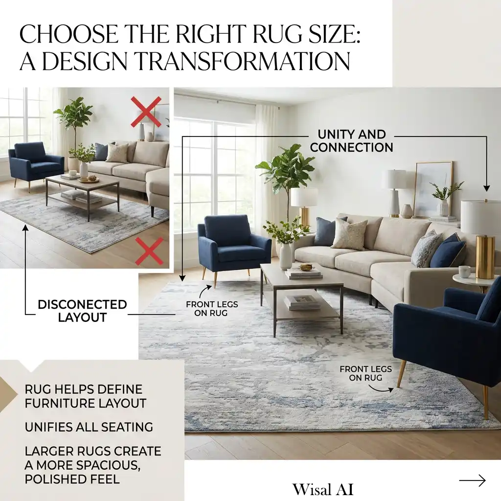 Elegant living room with a large area rug anchoring the seating arrangement.