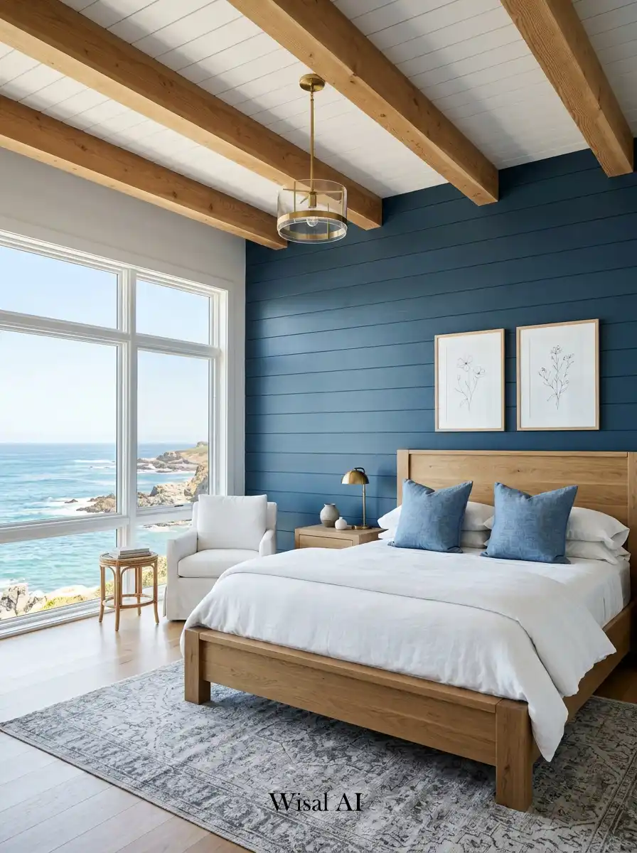 15. Coastal Cottage Bedroom Elegance with Inky Blue Wood Panel Walls