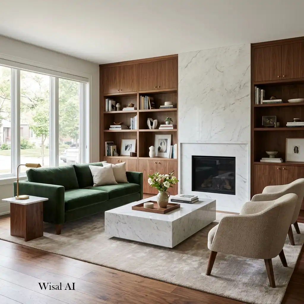 Luxury living room featuring walnut furniture and marble details.