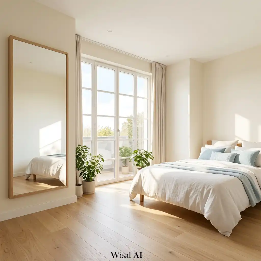 Bright bedroom with furniture arranged to maximize natural window light.