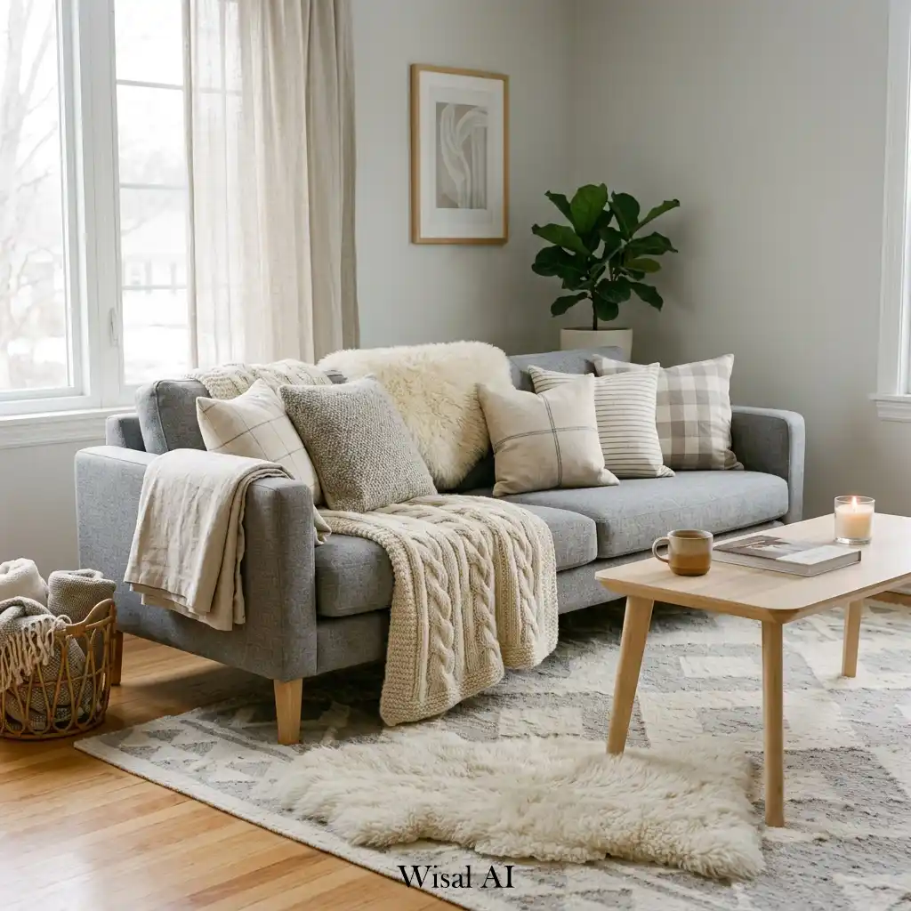 Cozy living room with layered textiles, blankets, and soft Scandinavian style