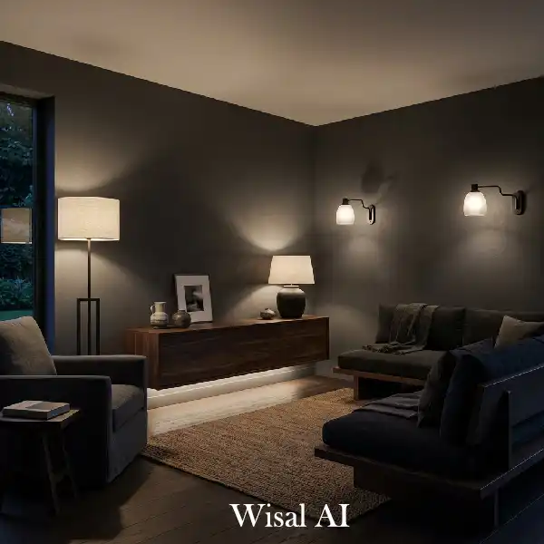 Minimal space with charcoal tones and soft ambient lighting
