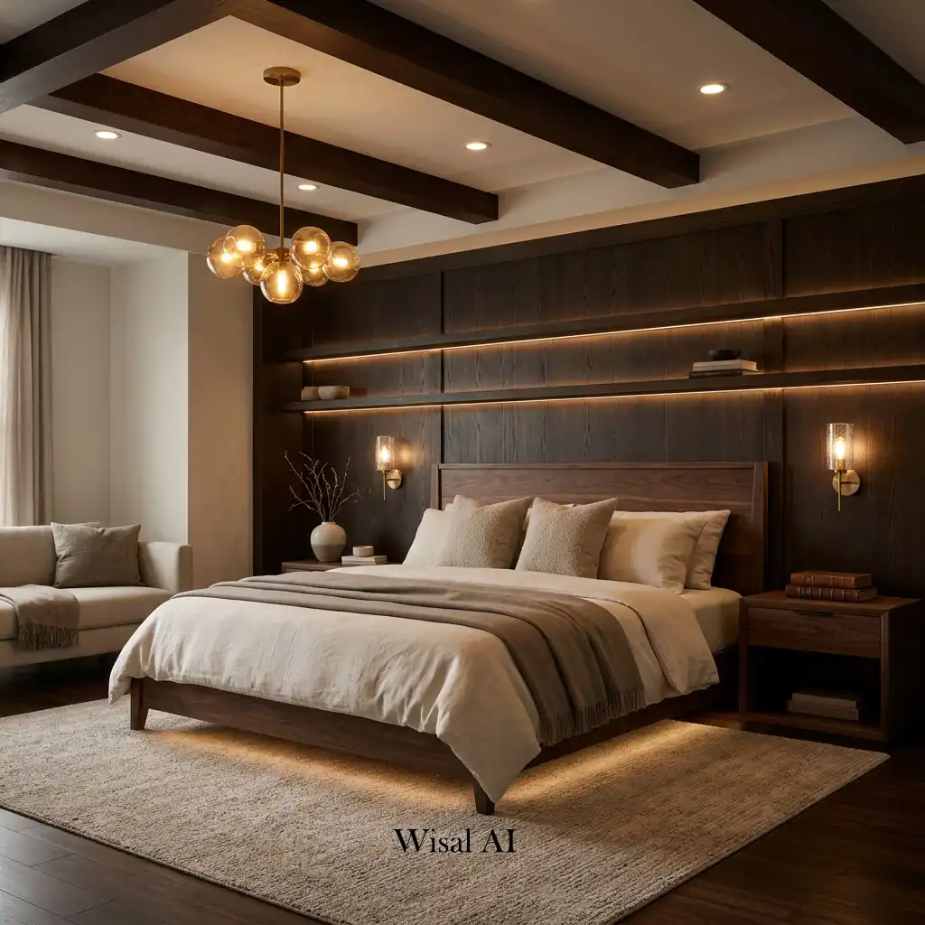 Dark wood bedroom illuminated by warm layered lighting and elegant sconces.