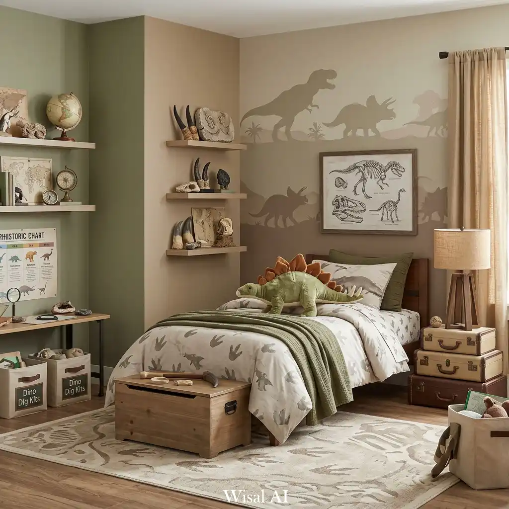 Dinosaur themed kids bedroom with jungle wallpaper, earthy tones, and prehistoric adventure decor