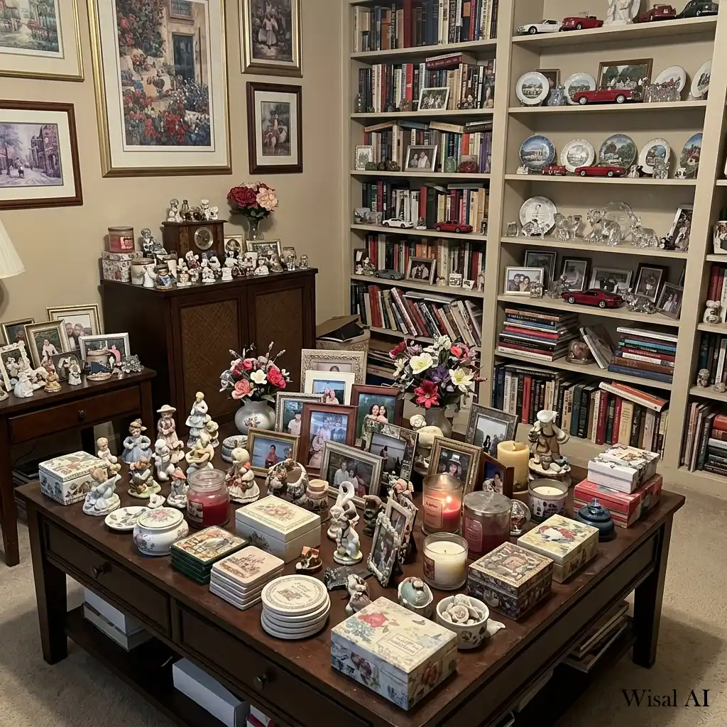 Cluttered living room shelves filled with excessive decorative accessories and décor.