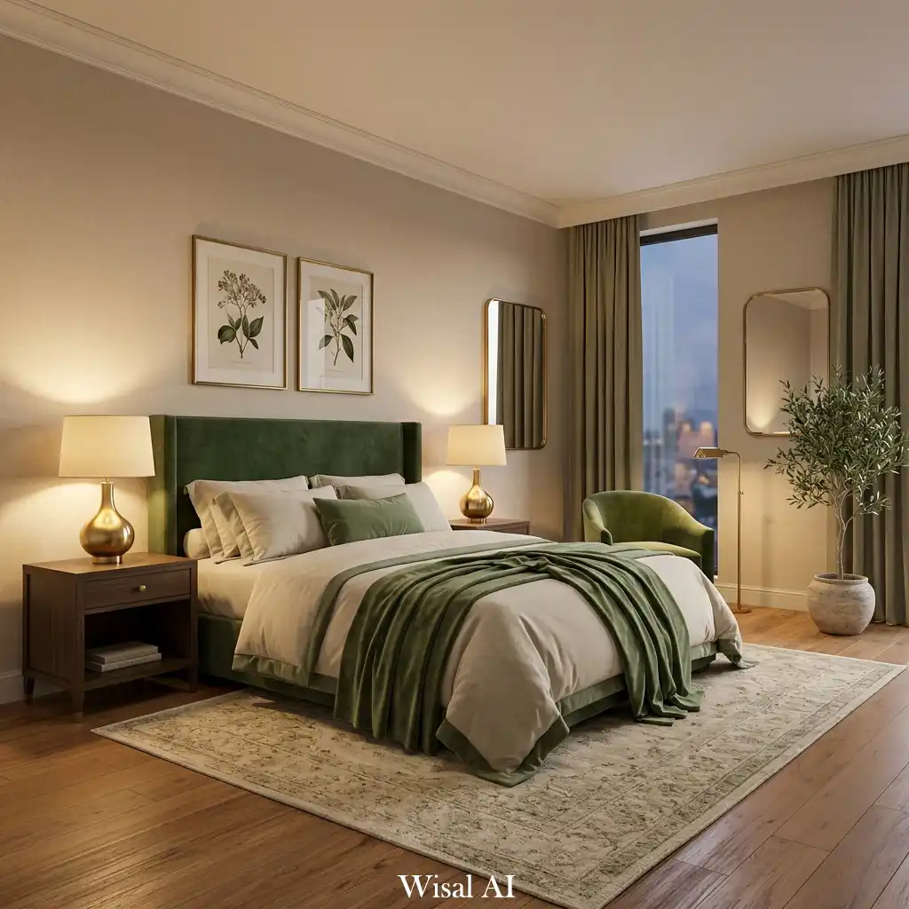 Elegant luxury bedroom with botanical touches, sage green accents, beige base, and soft ambient lighting