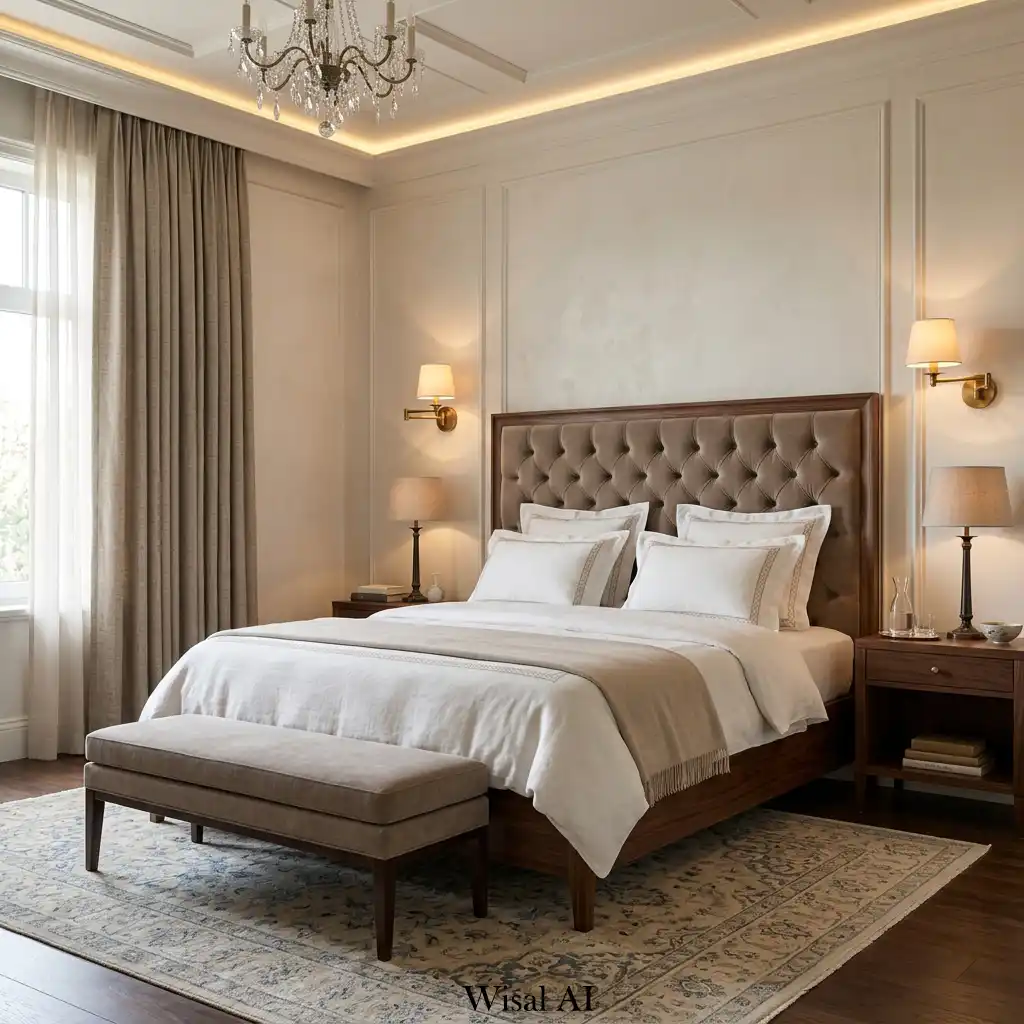 European hotel inspired bedroom with taupe velvet and walnut finishes