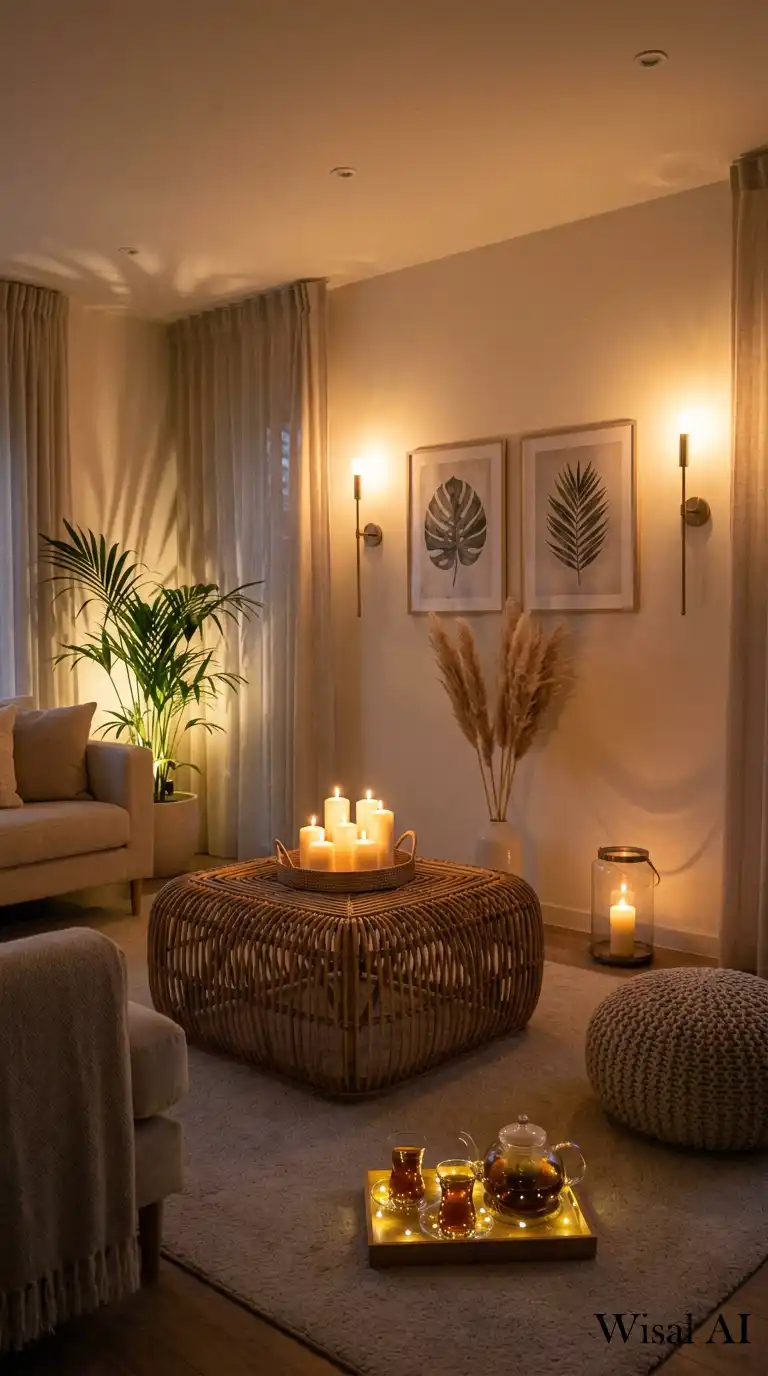15. Evening Ambiance: Layered Lighting for a Moody Cream Living Room