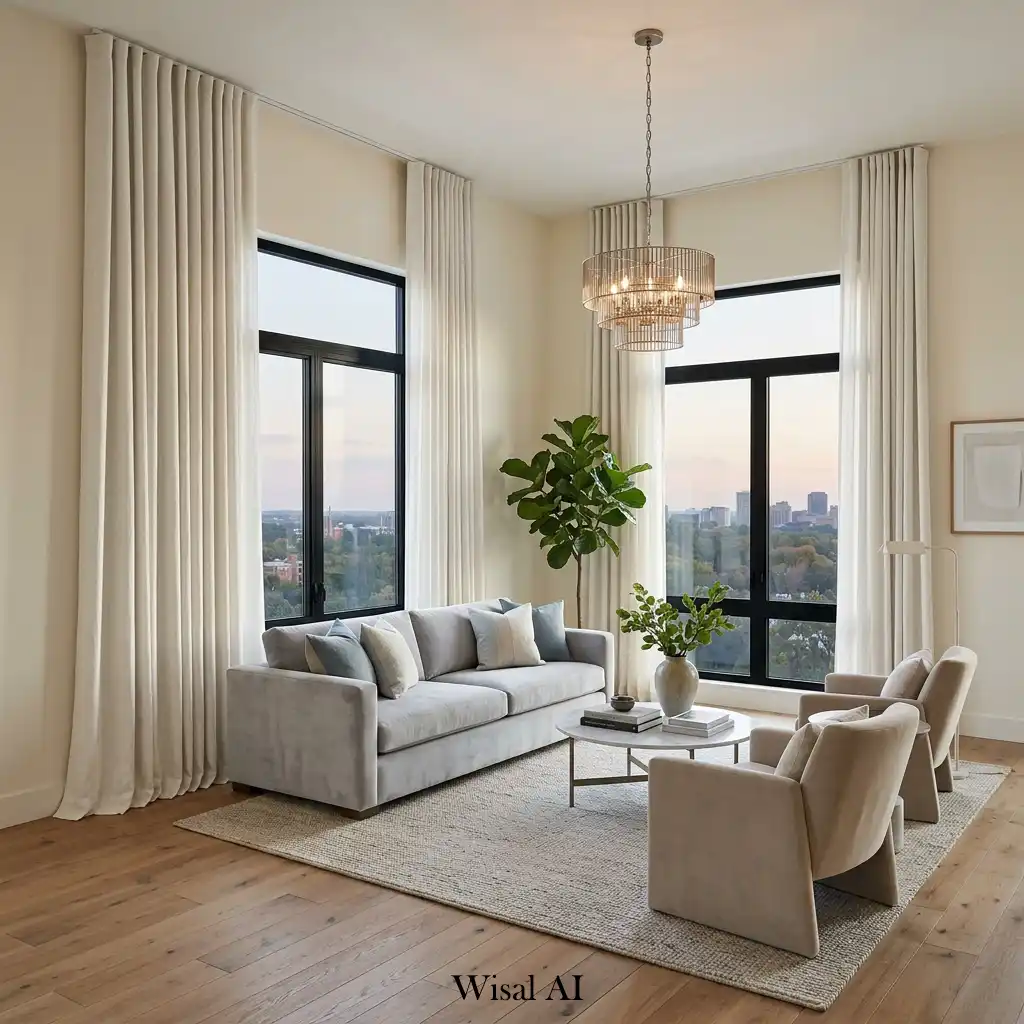 Elegant living room with floor-to-ceiling curtains and boutique hotel sophistication