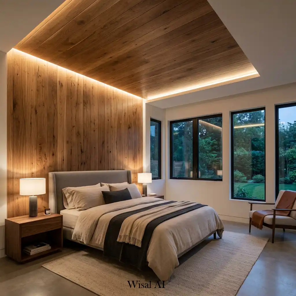 Modern bedroom with wood wall paneling extending seamlessly onto the ceiling.