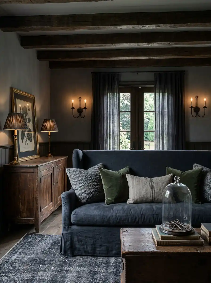 25. Moody French Country Influence Farmhouse Living Room Idea