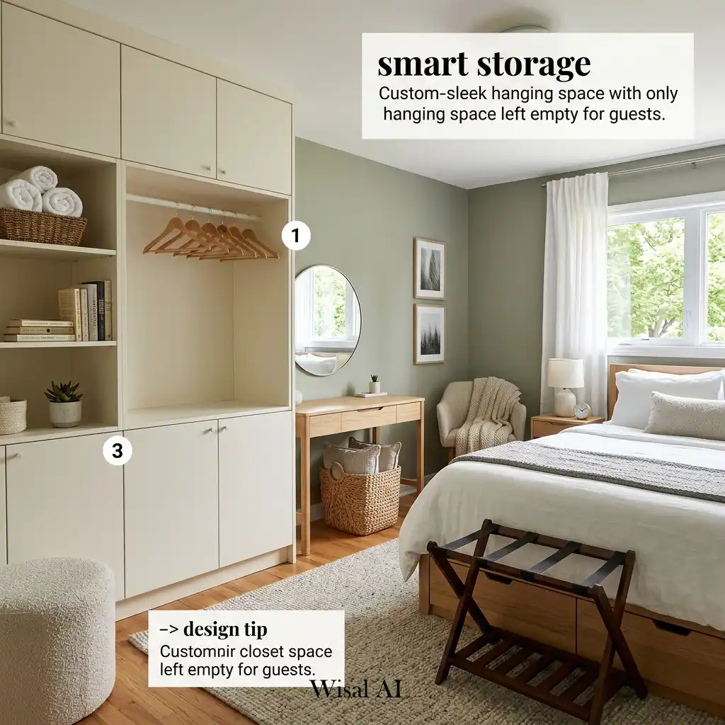 Guest bedroom with smart storage solutions and organized layout.