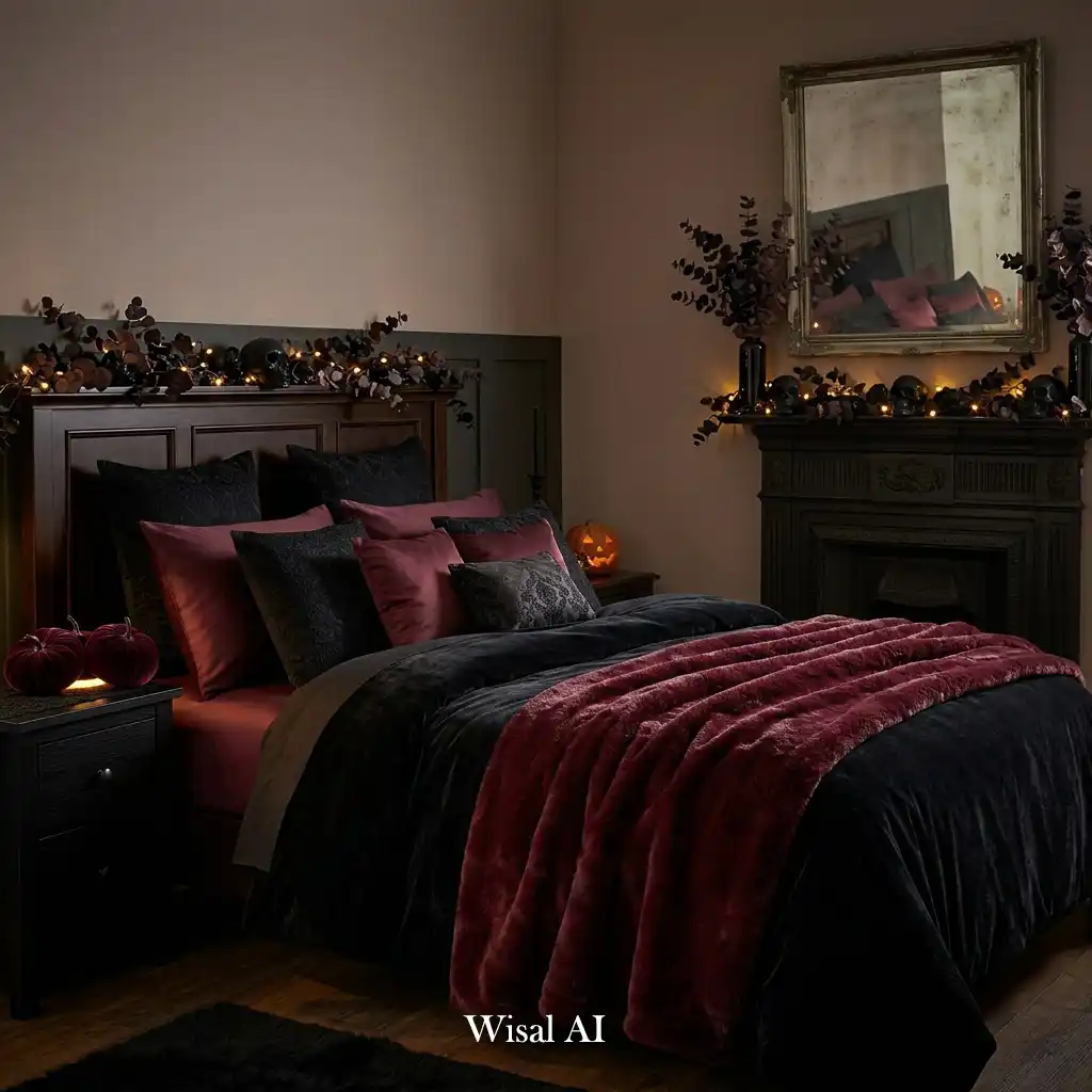 Halloween bedroom with layered black and burgundy textiles.