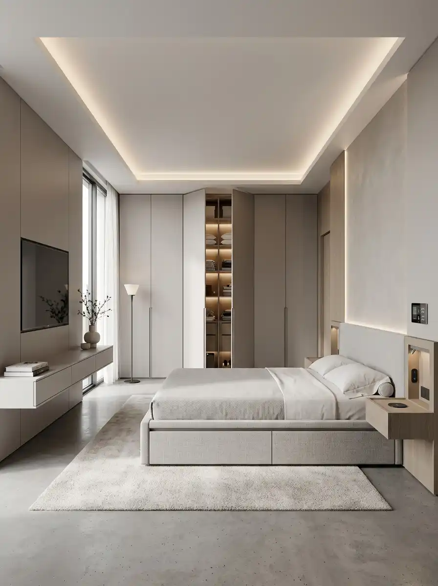 Clean bedroom design with hidden storage and seamless surfaces.