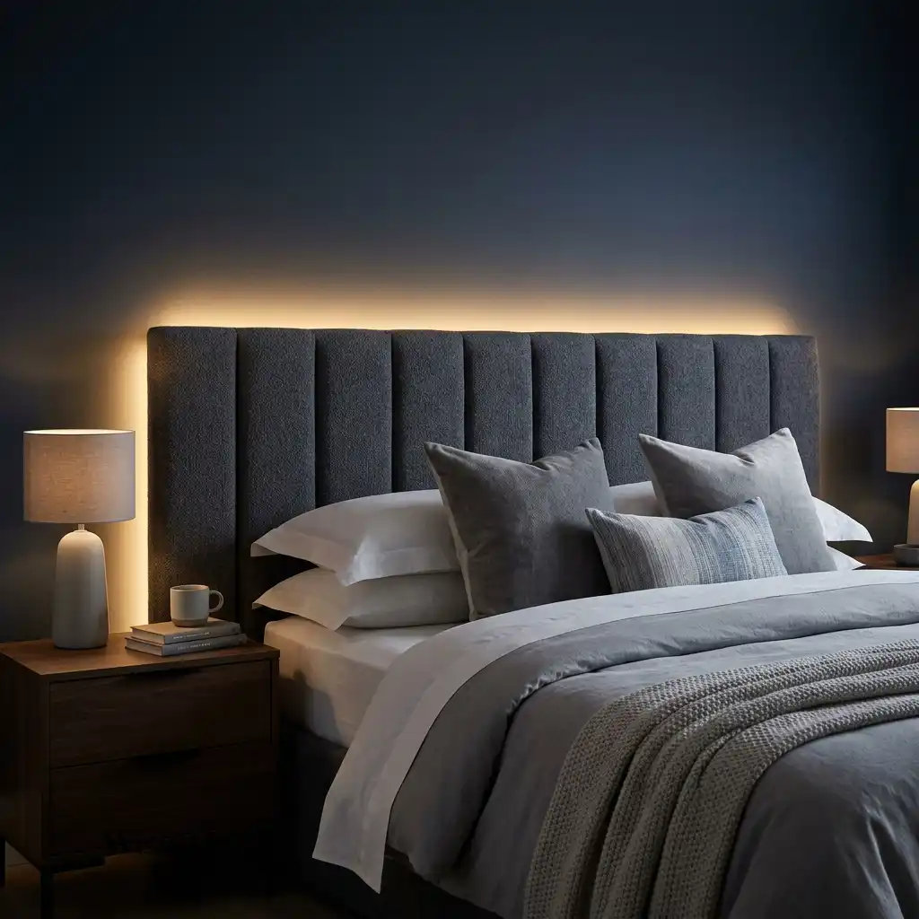 Modern bedroom with hidden LED lighting behind an upholstered headboard creating a soft hotel-inspired glow.
