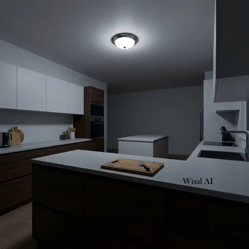 Luxury kitchen illuminated with layered lighting including pendant lights, under-cabinet lighting, and warm ambient illumination.