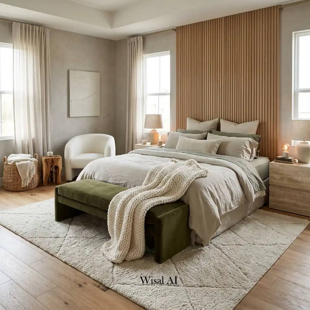 Elegant bedroom showcasing velvet textures, linen bedding, plush rug, and warmth.