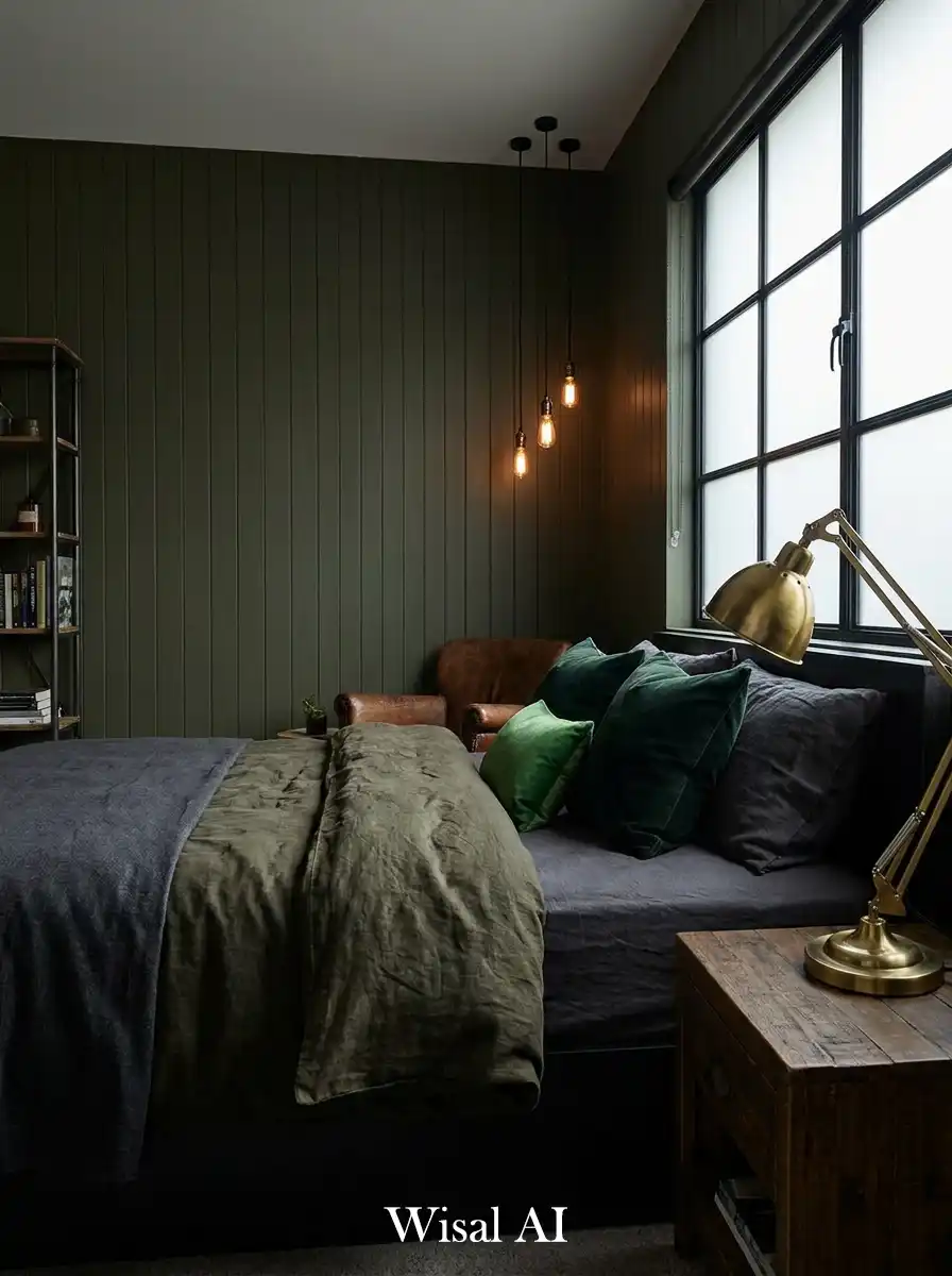 5. Industrial Mood: An Edgy Dark Olive Bedroom Idea