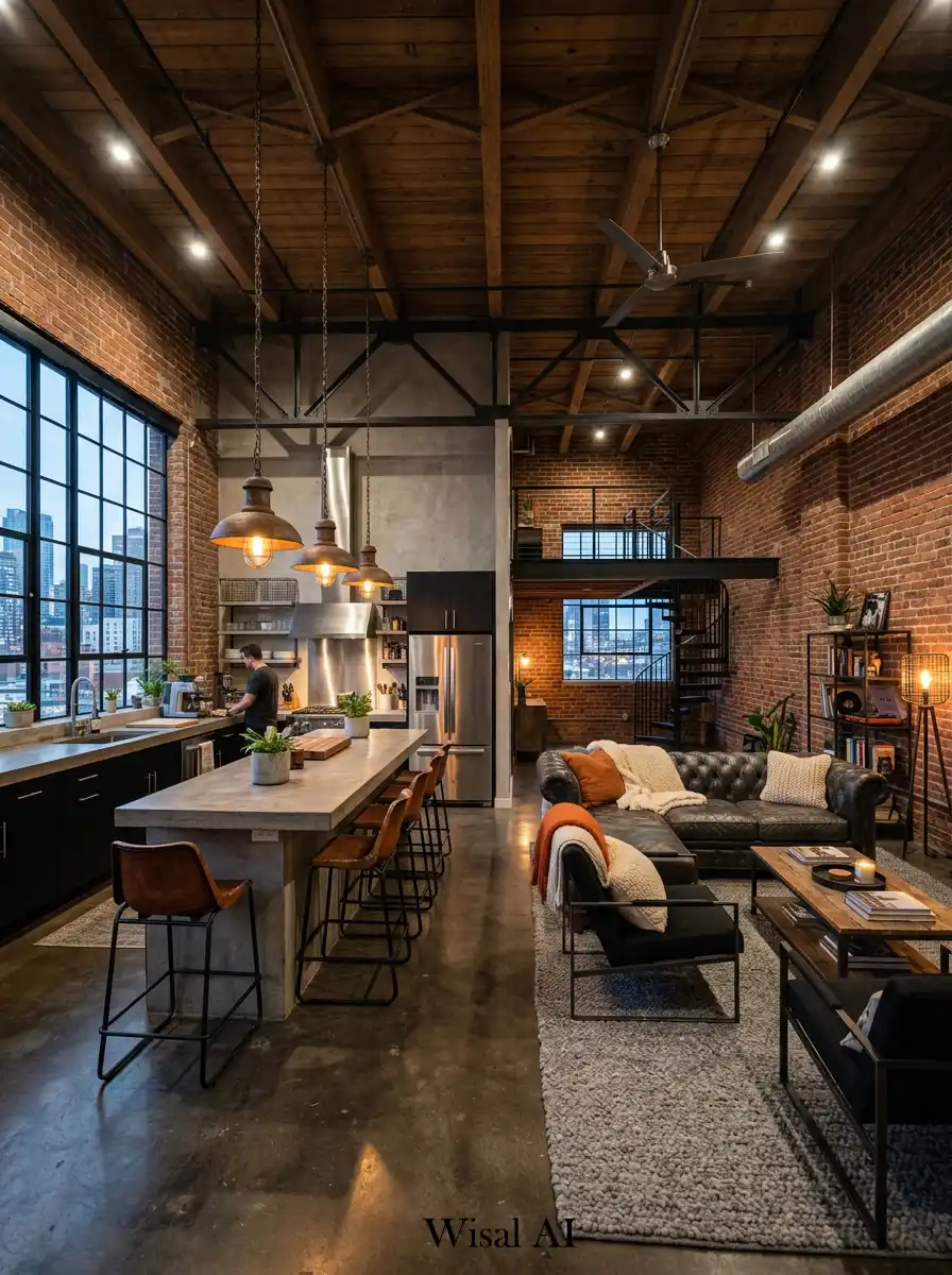 5. Industrial Style Modern Open-Plan Kitchen and Living Room Idea