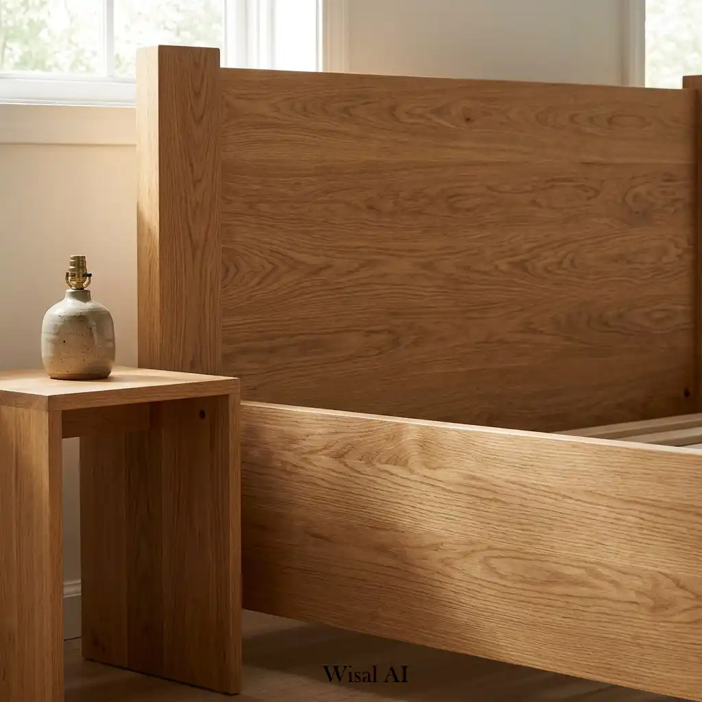 Luxury bedroom decorated with natural wood, linen, and soft organic textures throughout.