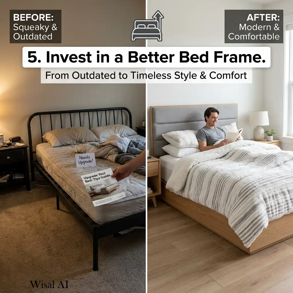 Contemporary white oak platform bed with an upholstered headboard.