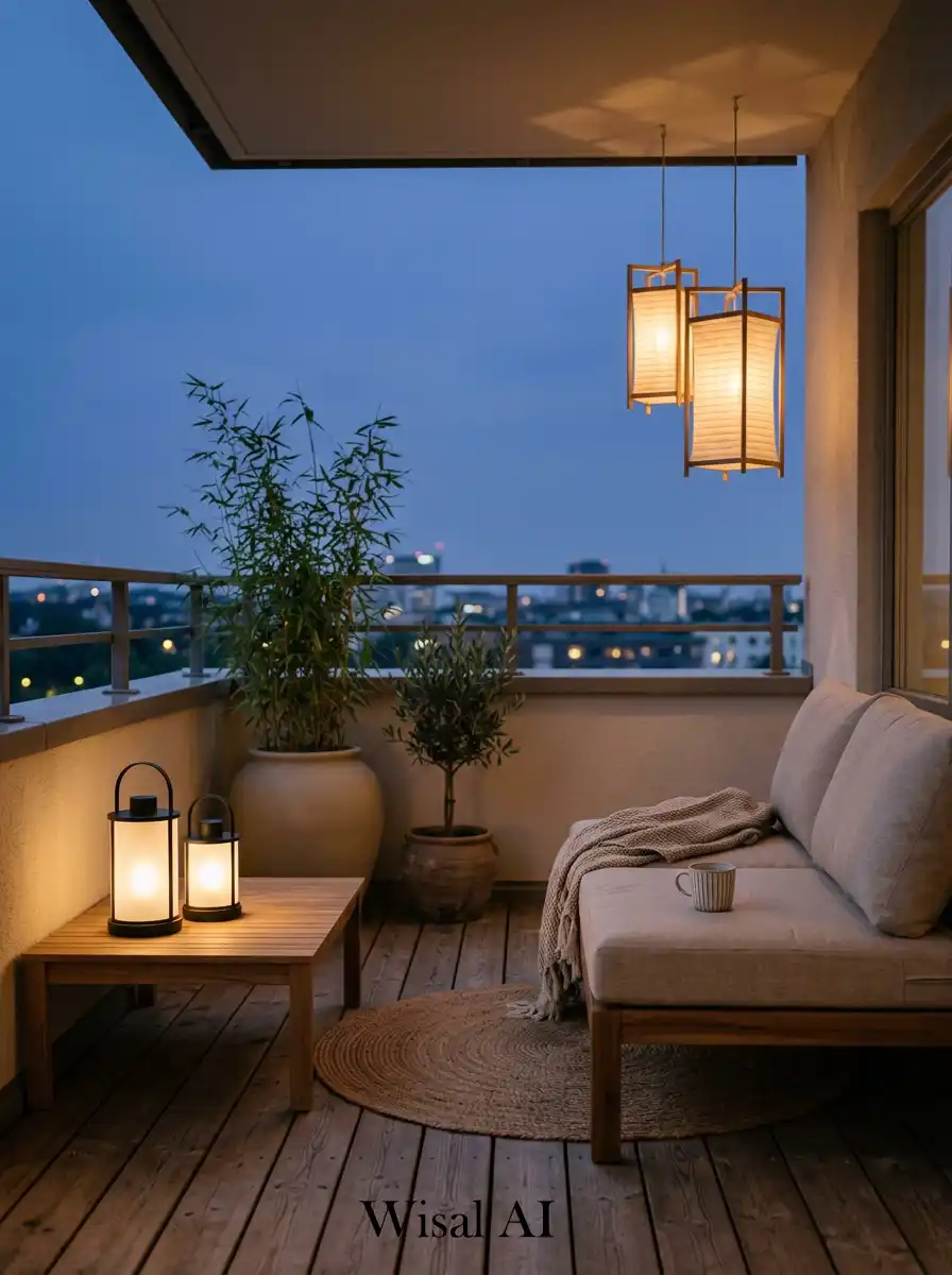 Cozy balcony with warm lantern lighting, natural wood furniture, and soft organic textures.