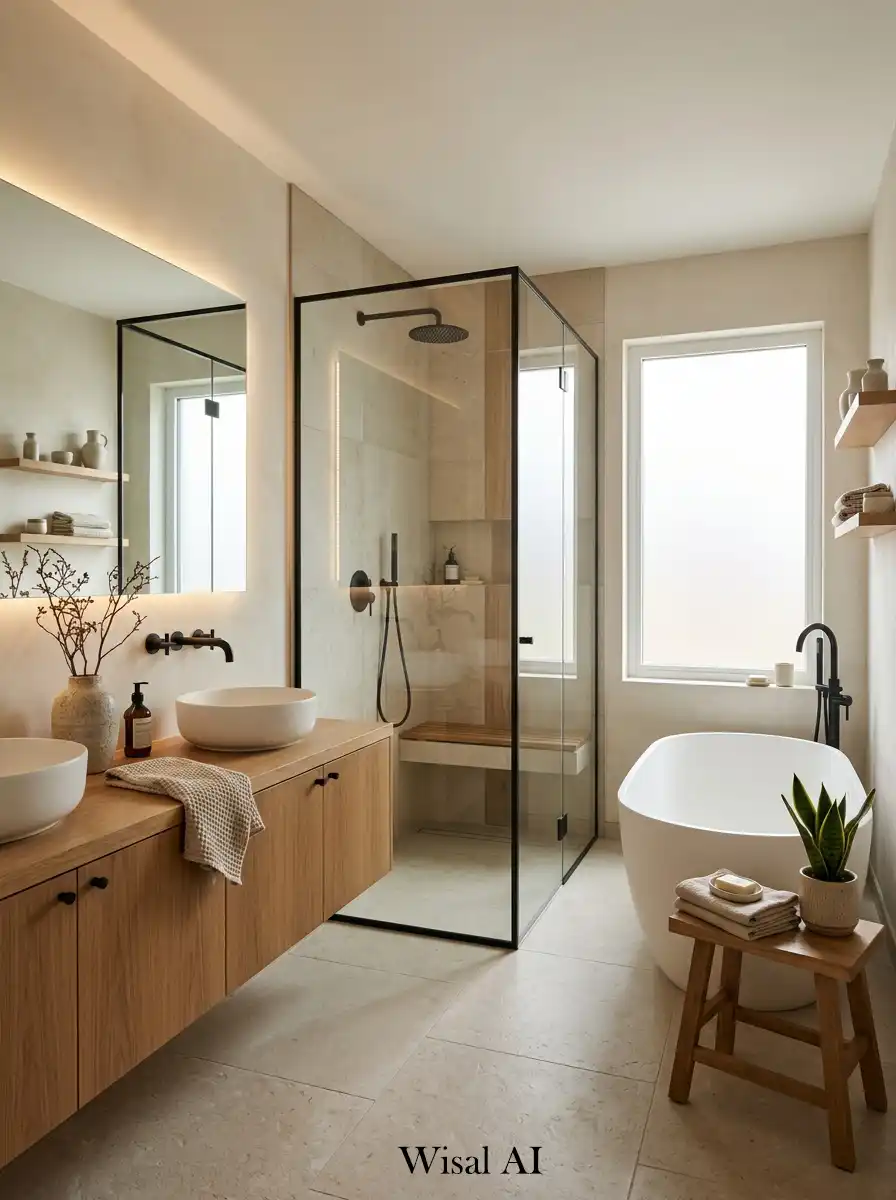 5. Japandi Bathroom with Black Accents and Neutral Colors