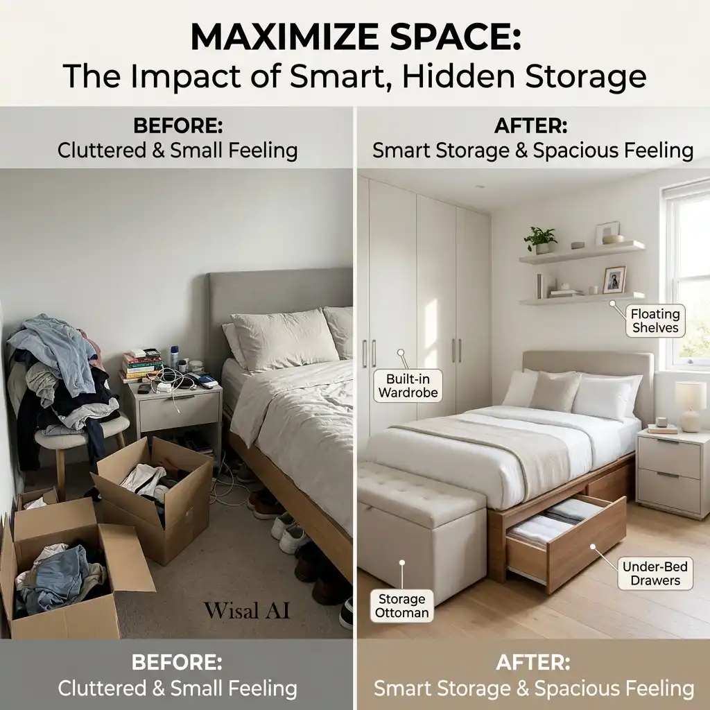 Organized bedroom featuring hidden storage solutions and clutter-free modern design.