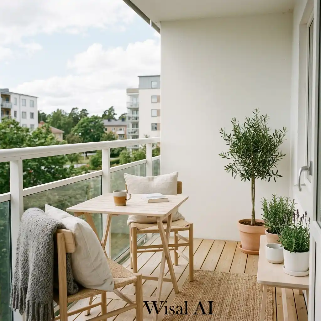 Scandinavian balcony design with minimal decor and natural wood