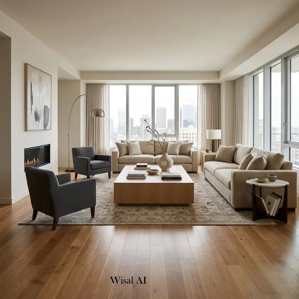 Open living room with a balanced furniture layout and spacious walkways.