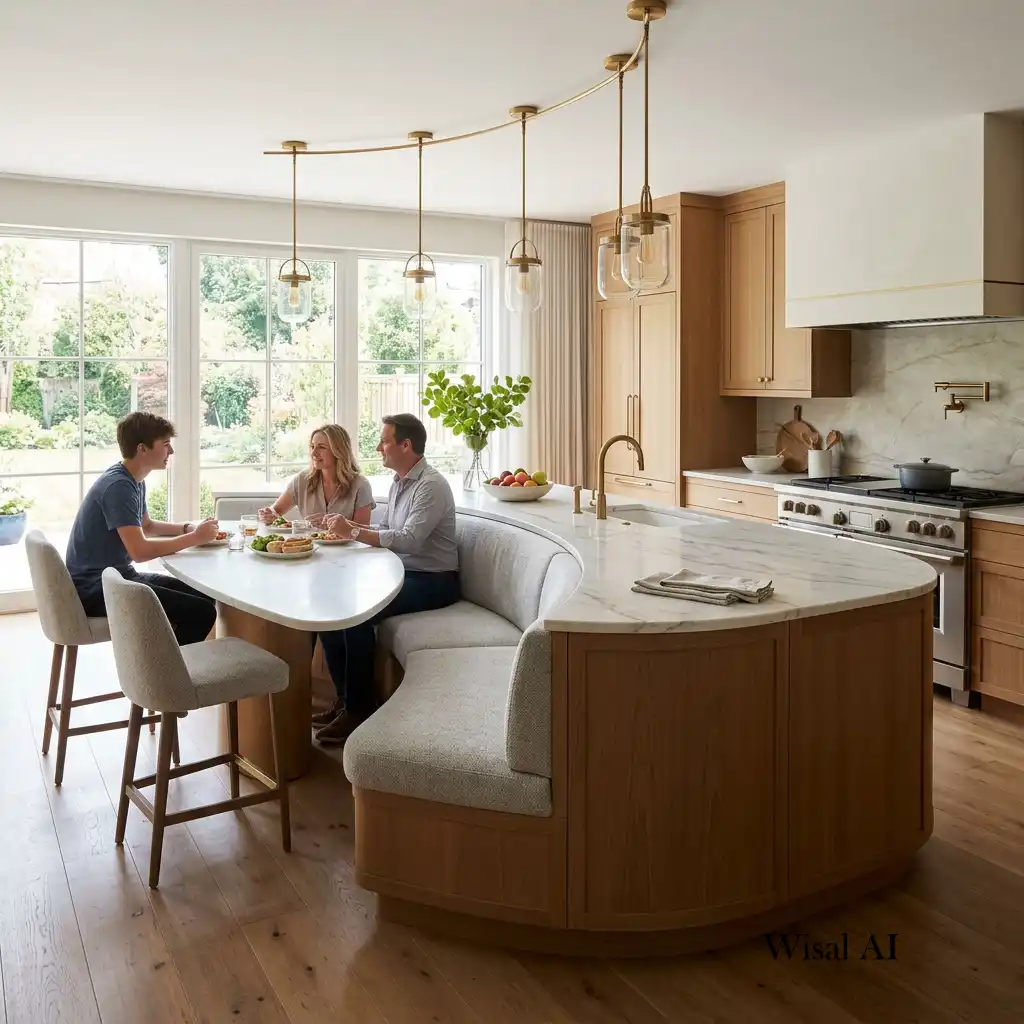 Curved kitchen island with built-in seating and sculptural pendant lighting.