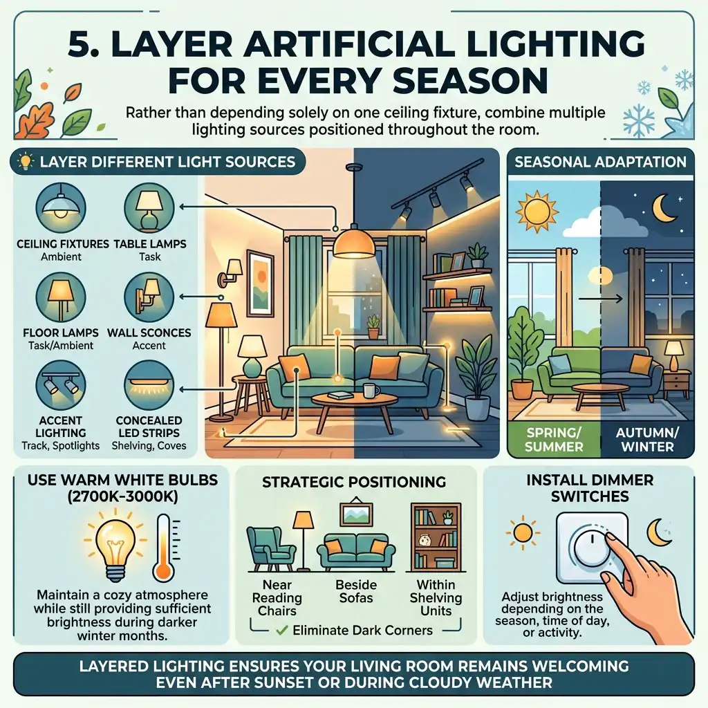 Elegant living room illuminated with layered lighting for brightness in every season.